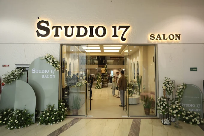 Interior of Studio 17 luxury hair salon in Gurgaon with elegant styling chairs